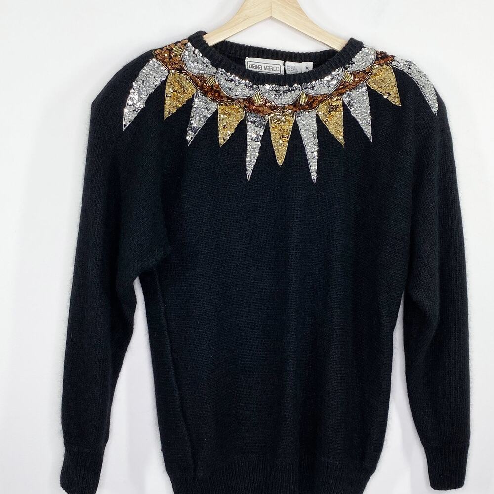 Diana Marco Black‎ Silk Blend Embellished Crewneck Sweater Women's Size 38 Large
